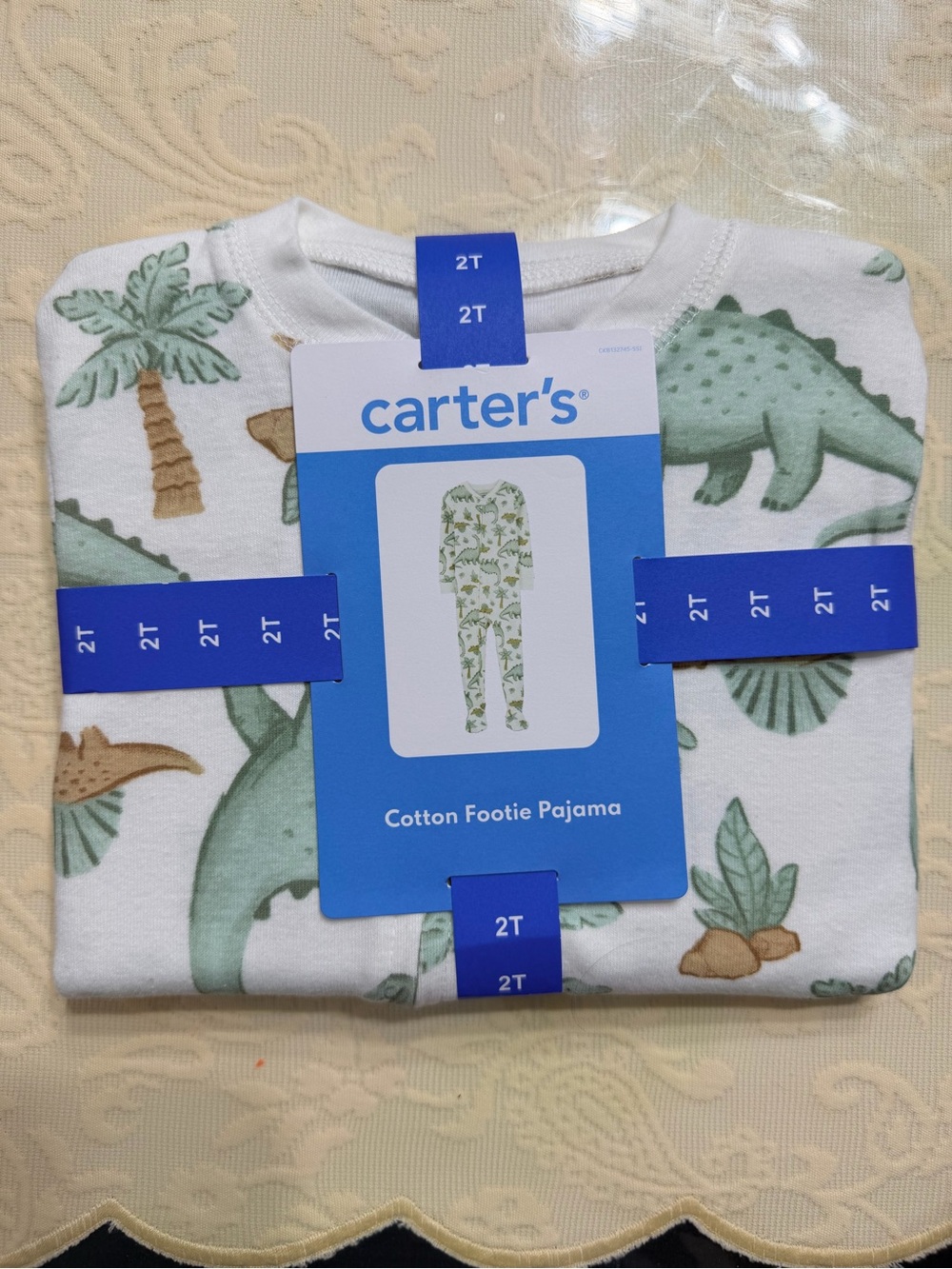 Carter's White Footed Pajama with Green & Brown Dinosaur Print
